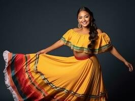 Mexikaner Frau im emotional dynamisch Pose auf solide Hintergrund ai generativ foto