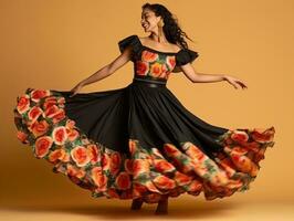 Mexikaner Frau im spielerisch Pose auf solide Hintergrund ai generativ foto