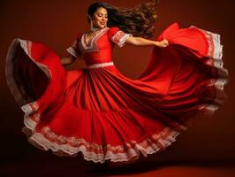 Mexikaner Frau im spielerisch Pose auf solide Hintergrund ai generativ foto