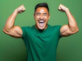 asiatisch Mann im emotional dynamisch Pose auf solide Hintergrund ai generativ foto