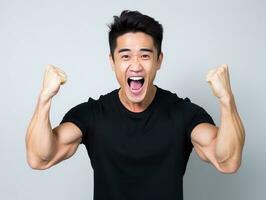 asiatisch Mann im emotional dynamisch Pose auf Weiß Hintergrund ai generativ foto