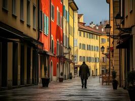 Mann genießt ein gemächlich Bummel durch das beschwingt Stadt Straßen ai generativ foto