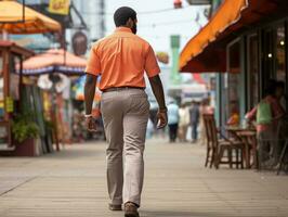 Mann genießt ein gemächlich Bummel durch das beschwingt Stadt Straßen ai generativ foto