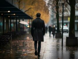 Mann genießt ein gemächlich Bummel durch das beschwingt Stadt Straßen ai generativ foto