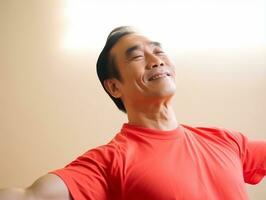 40 Jahr alt asiatisch Mann im spielerisch Pose auf Weiß Hintergrund ai generativ foto