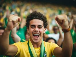 Brasilianer Mann feiert seine Fußball Teams Sieg ai generativ foto