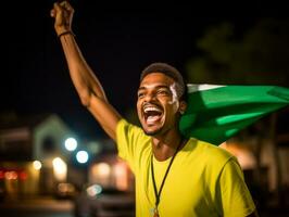 Brasilianer Mann feiert seine Fußball Teams Sieg ai generativ foto