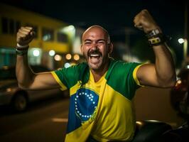 Brasilianer Mann feiert seine Fußball Teams Sieg ai generativ foto