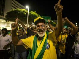 Brasilianer Mann feiert seine Fußball Teams Sieg ai generativ foto