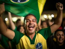 Brasilianer Mann feiert seine Fußball Teams Sieg ai generativ foto