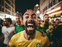 Brasilianer Mann feiert seine Fußball Teams Sieg ai generativ foto