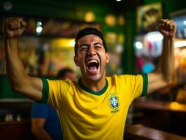 Brasilianer Mann feiert seine Fußball Teams Sieg ai generativ foto