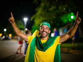 Brasilianer Mann feiert seine Fußball Teams Sieg ai generativ foto