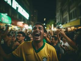 Brasilianer Mann feiert seine Fußball Teams Sieg ai generativ foto