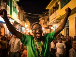 Brasilianer Mann feiert seine Fußball Teams Sieg ai generativ foto