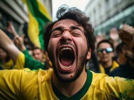 Brasilianer Mann feiert seine Fußball Teams Sieg ai generativ foto