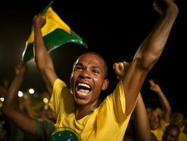 Brasilianer Mann feiert seine Fußball Teams Sieg ai generativ foto