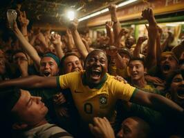 Brasilianer Mann feiert seine Fußball Teams Sieg ai generativ foto