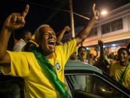 Brasilianer Mann feiert seine Fußball Teams Sieg ai generativ foto