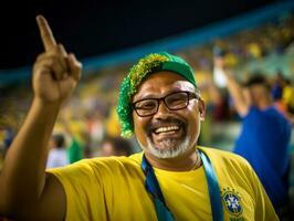 Brasilianer Mann feiert seine Fußball Teams Sieg ai generativ foto