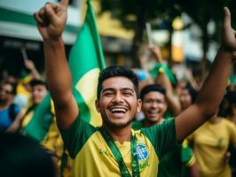 Brasilianer Mann feiert seine Fußball Teams Sieg ai generativ foto