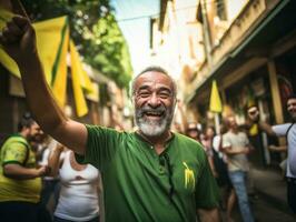 Brasilianer Mann feiert seine Fußball Teams Sieg ai generativ foto