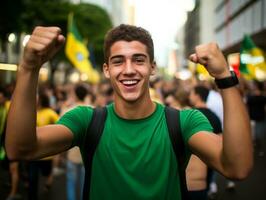 Brasilianer Mann feiert seine Fußball Teams Sieg ai generativ foto