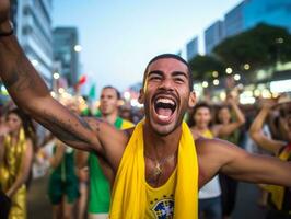 Brasilianer Mann feiert seine Fußball Teams Sieg ai generativ foto