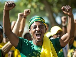 Brasilianer Mann feiert seine Fußball Teams Sieg ai generativ foto