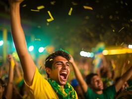 Brasilianer Mann feiert seine Fußball Teams Sieg ai generativ foto