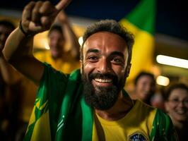 Brasilianer Mann feiert seine Fußball Teams Sieg ai generativ foto