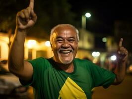 Brasilianer Mann feiert seine Fußball Teams Sieg ai generativ foto