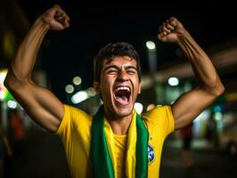 Brasilianer Mann feiert seine Fußball Teams Sieg ai generativ foto