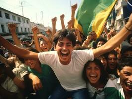 Brasilianer Mann feiert seine Fußball Teams Sieg ai generativ foto