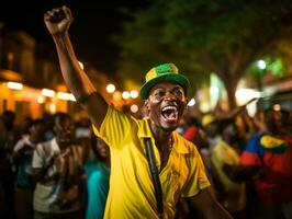 Brasilianer Mann feiert seine Fußball Teams Sieg ai generativ foto