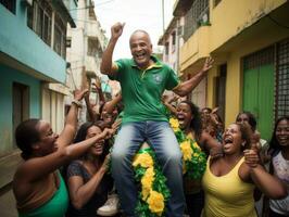 Brasilianer Mann feiert seine Fußball Teams Sieg ai generativ foto