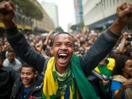 Brasilianer Mann feiert seine Fußball Teams Sieg ai generativ foto