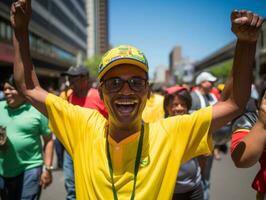 Brasilianer Mann feiert seine Fußball Teams Sieg ai generativ foto