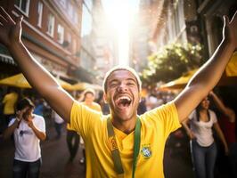 Brasilianer Mann feiert seine Fußball Teams Sieg ai generativ foto