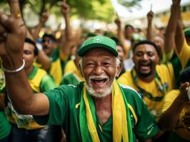 Brasilianer Mann feiert seine Fußball Teams Sieg ai generativ foto