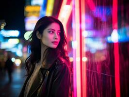 Frau im futuristisch Kleider genießt gemächlich Bummel durch Neon- Stadt Straßen ai generativ foto