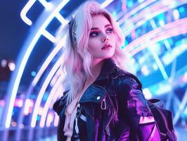 Frau im futuristisch Kleider genießt gemächlich Bummel durch Neon- Stadt Straßen ai generativ foto