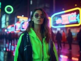 Frau im futuristisch Kleider genießt gemächlich Bummel durch Neon- Stadt Straßen ai generativ foto