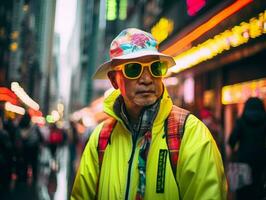 Mann im Zukunft Beweis Kleider genießt ein gemächlich Bummel durch ein Neon- zündete Stadt Straßen ai generativ foto