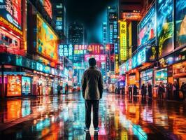 Mann im Zukunft Beweis Kleider genießt ein gemächlich Bummel durch ein Neon- zündete Stadt Straßen ai generativ foto