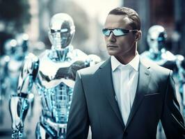 Mann im futuristisch Kleider genießt ein gemächlich Bummel durch ein Stadt Straßen ai generativ foto