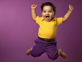 bezaubernd Baby mit beschwingt Kleidung im ein spielerisch Pose ai generativ foto