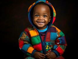 bezaubernd Baby mit beschwingt Kleidung im ein spielerisch Pose ai generativ foto