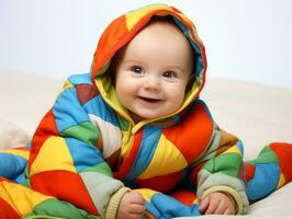 bezaubernd Baby mit beschwingt Kleidung im ein spielerisch Pose ai generativ foto