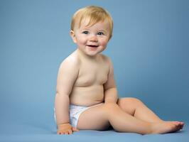 bezaubernd Baby mit beschwingt Kleidung im ein spielerisch Pose ai generativ foto